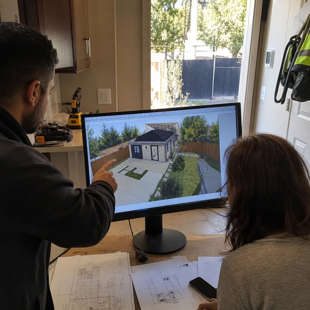 Professional reviewing 3D architectural ADU design and site plans