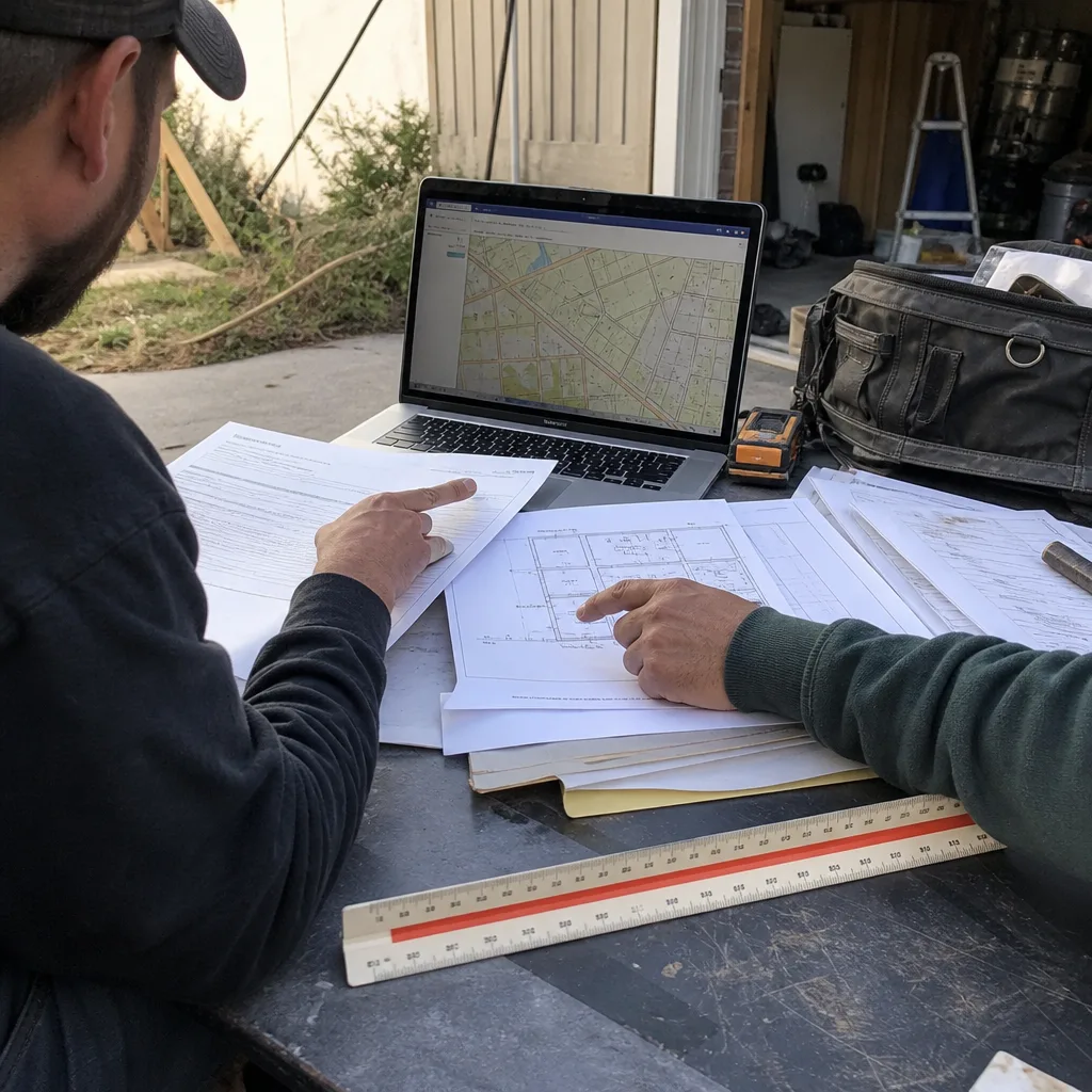 Professionals reviewing ADU architectural blueprints and site maps on a laptop