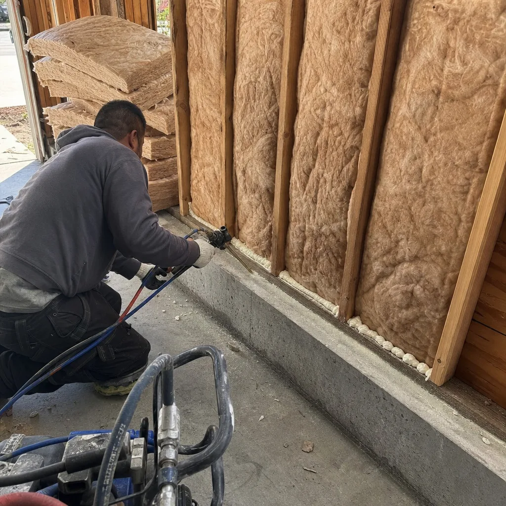 Professional applying spray foam insulation for garage conversion ADU project