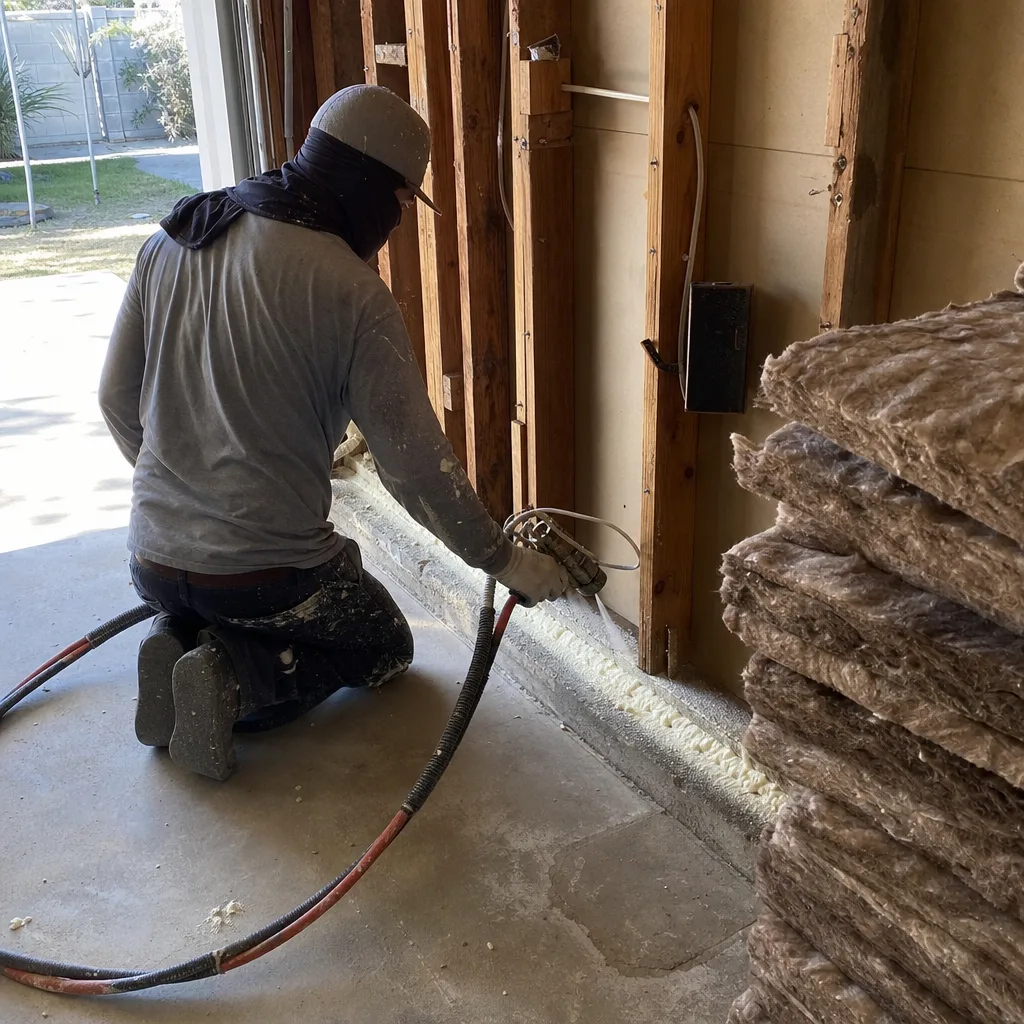 Contractor applying spray foam insulation for a professional garage conversion project