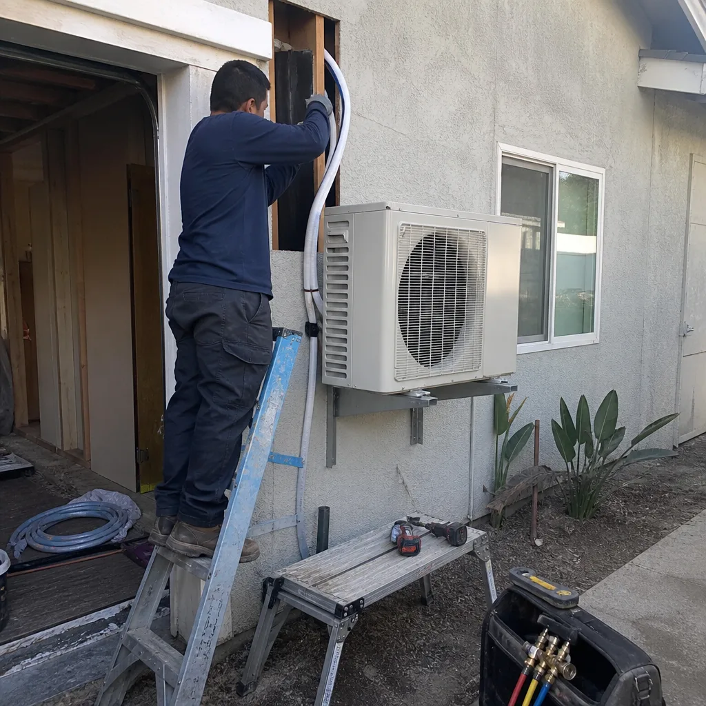 Technician installing HVAC system for a garage conversion ADU