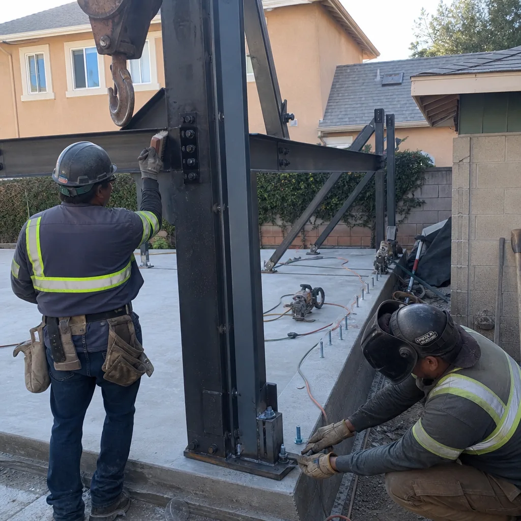 Two contractors constructing the steel frame of a new detached ADU