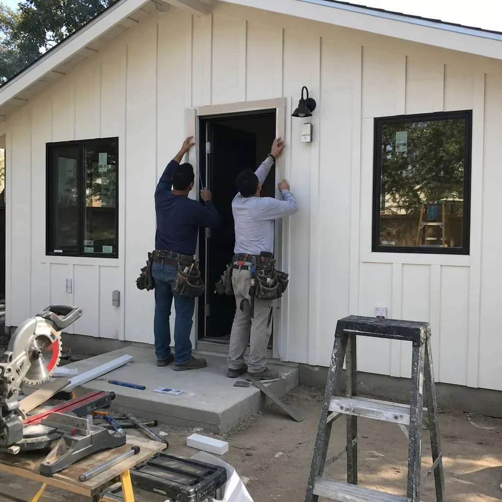 Two construction workers installing exterior trim on a new detached ADU