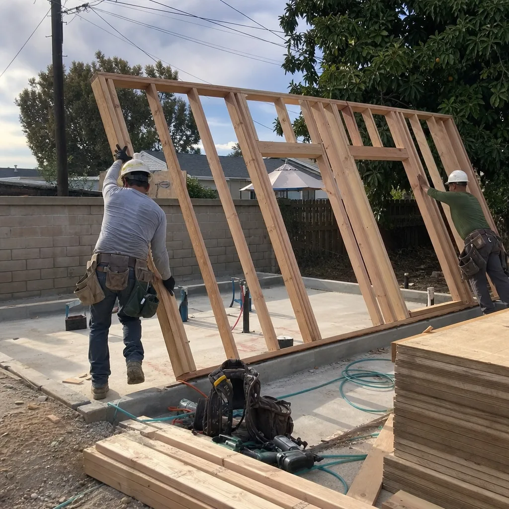 Construction workers installing a wooden wall frame for a detached ADU